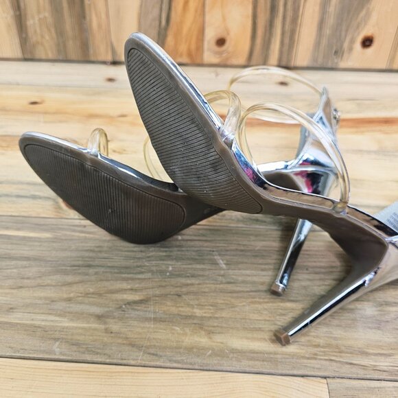 Bebe Berdine Metallic Silver Clear Ankle Strap Stiletto Heel Size 11 - Picture 5 of 6